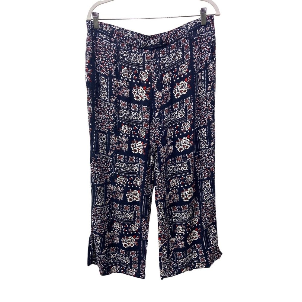 Appleseed's Wide Leg Cropped Pants Navy Floral Boho Print Rayon Pull On‎ 14